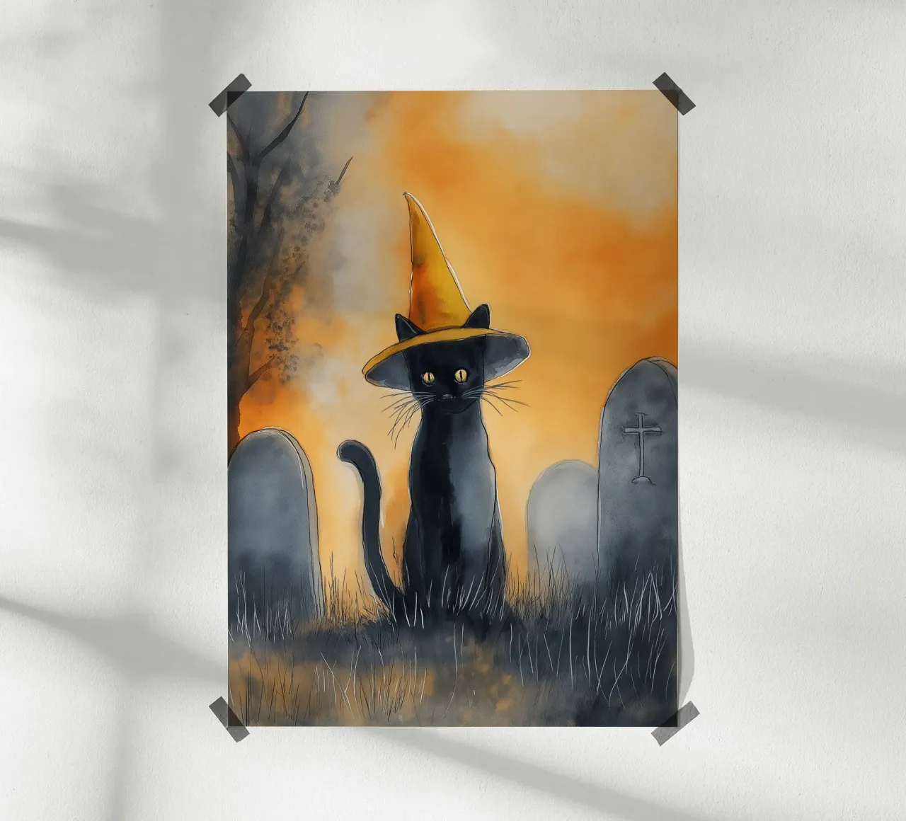 Gatto nero con cappello da strega - Acquerello di Halloween poster con telaio in legno da vintagepod
