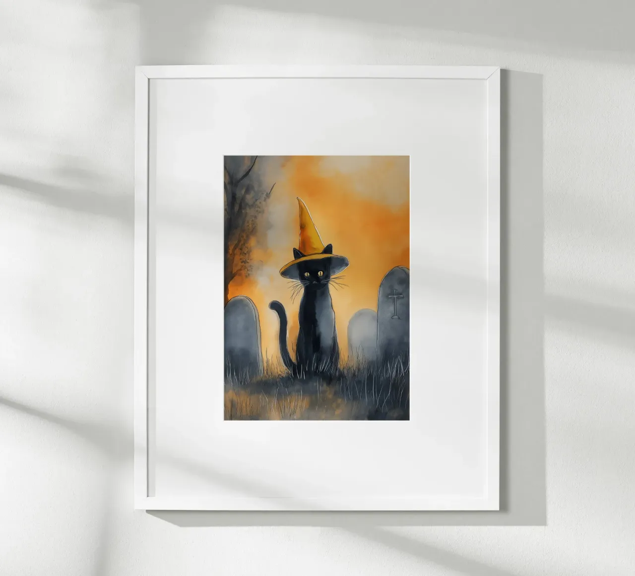 Gatto nero con cappello da strega - Acquerello di Halloween poster con telaio in legno da vintagepod