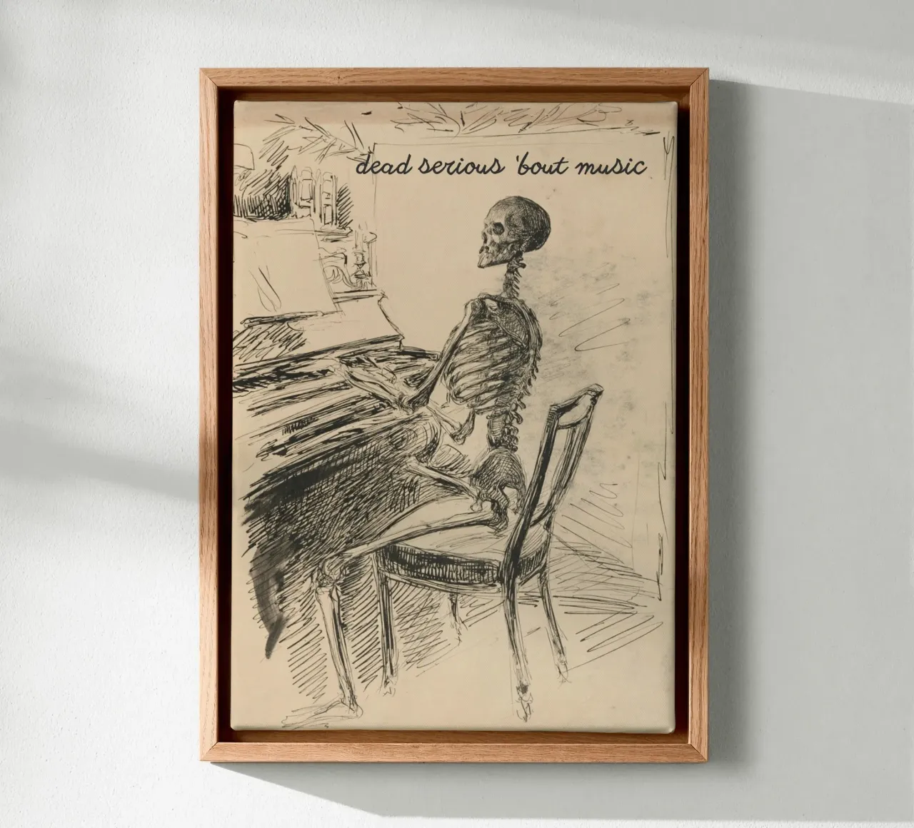 "Dead Serious 'Bout Music" Skelet Pianokunst canvas met Baklijst van vintagepod