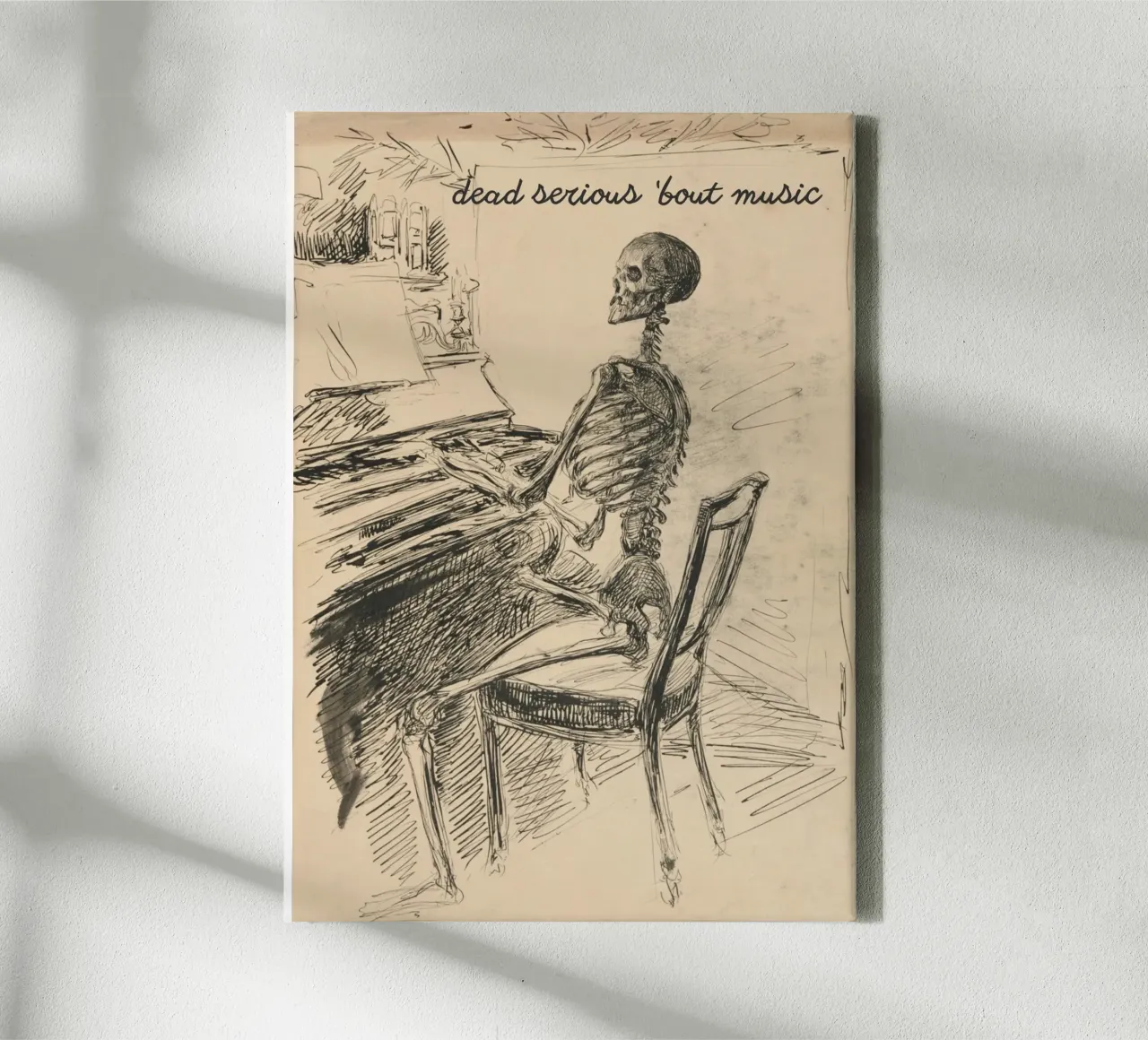 "Dead Serious 'Bout Music" Skelet Pianokunst canvas met Baklijst van vintagepod