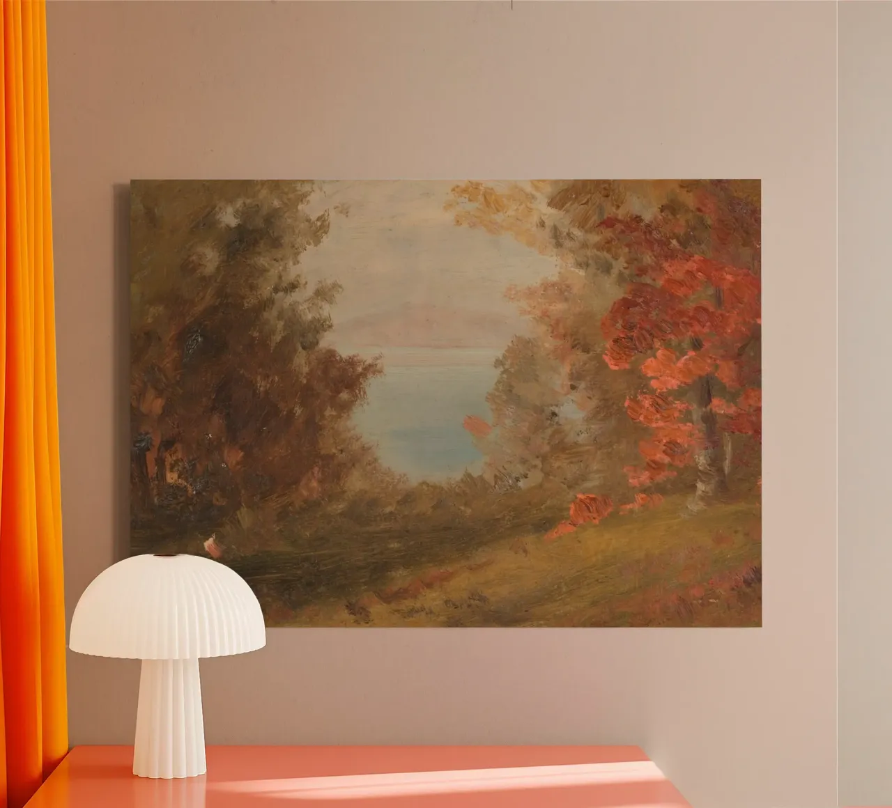 Autumn Lake View - Vintage Rustic Landscape Art canvas with Floater frame by vintagepod