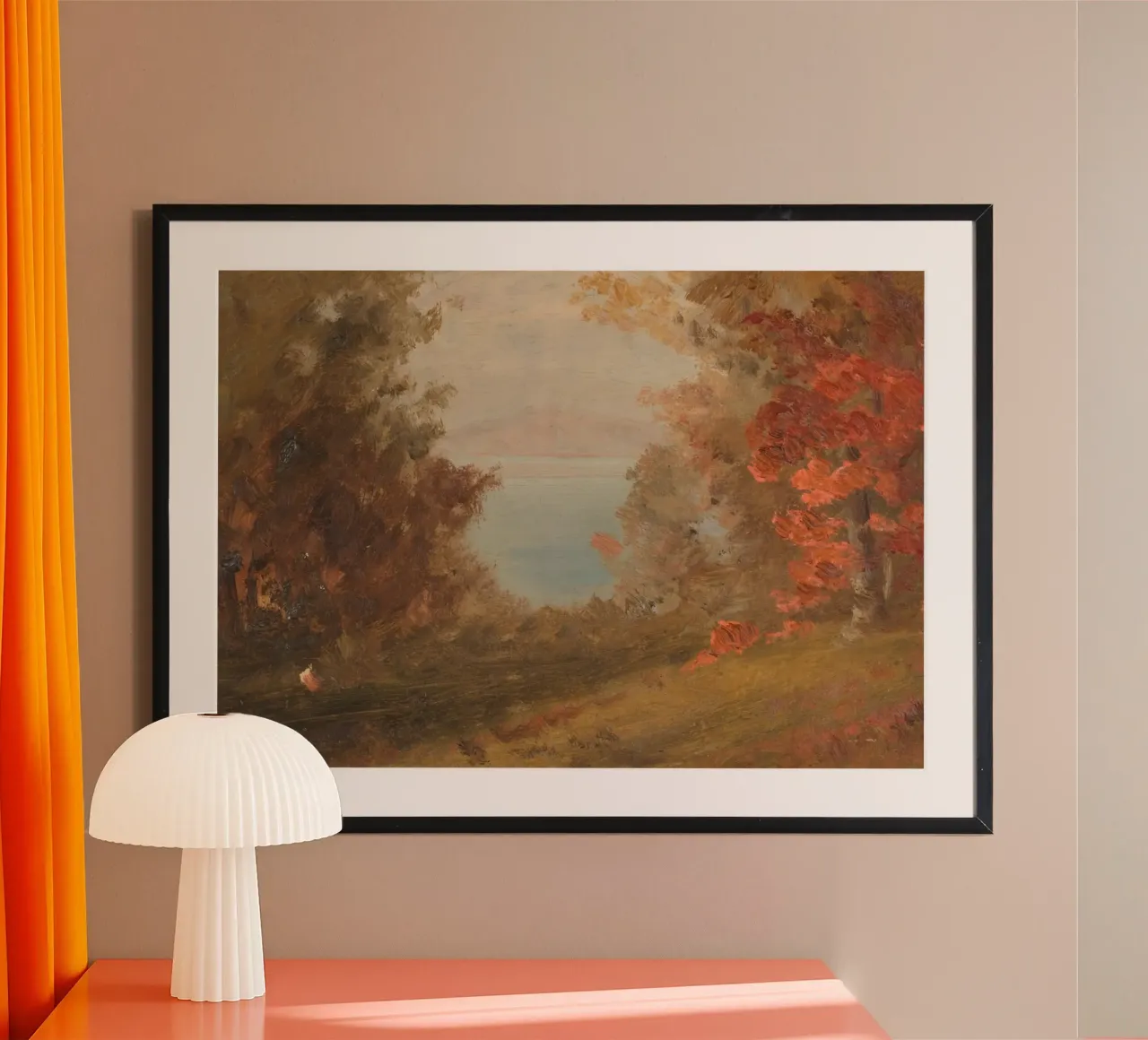 Vista sul lago d'autunno - Arte del paesaggio rustico d'epoca poster con telaio in alluminio da vintagepod