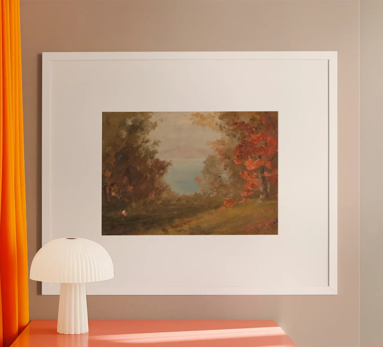 Vista sul lago d'autunno - Arte del paesaggio rustico d'epoca poster con telaio in alluminio da vintagepod