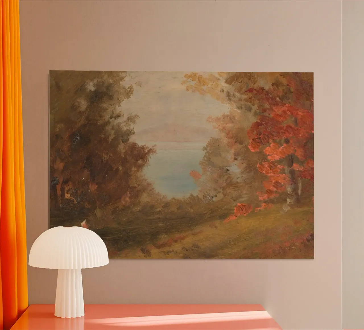 Vista sul lago d'autunno - Arte del paesaggio rustico d'epoca poster con telaio in alluminio da vintagepod