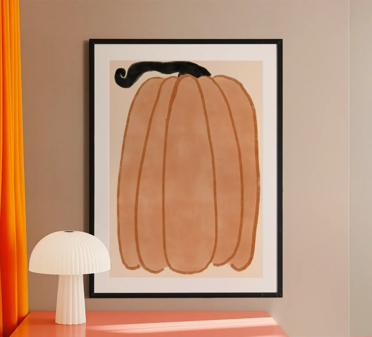 Arte da parete autunnale minimalista con zucca arancione poster con telaio in plastica da vintagepod