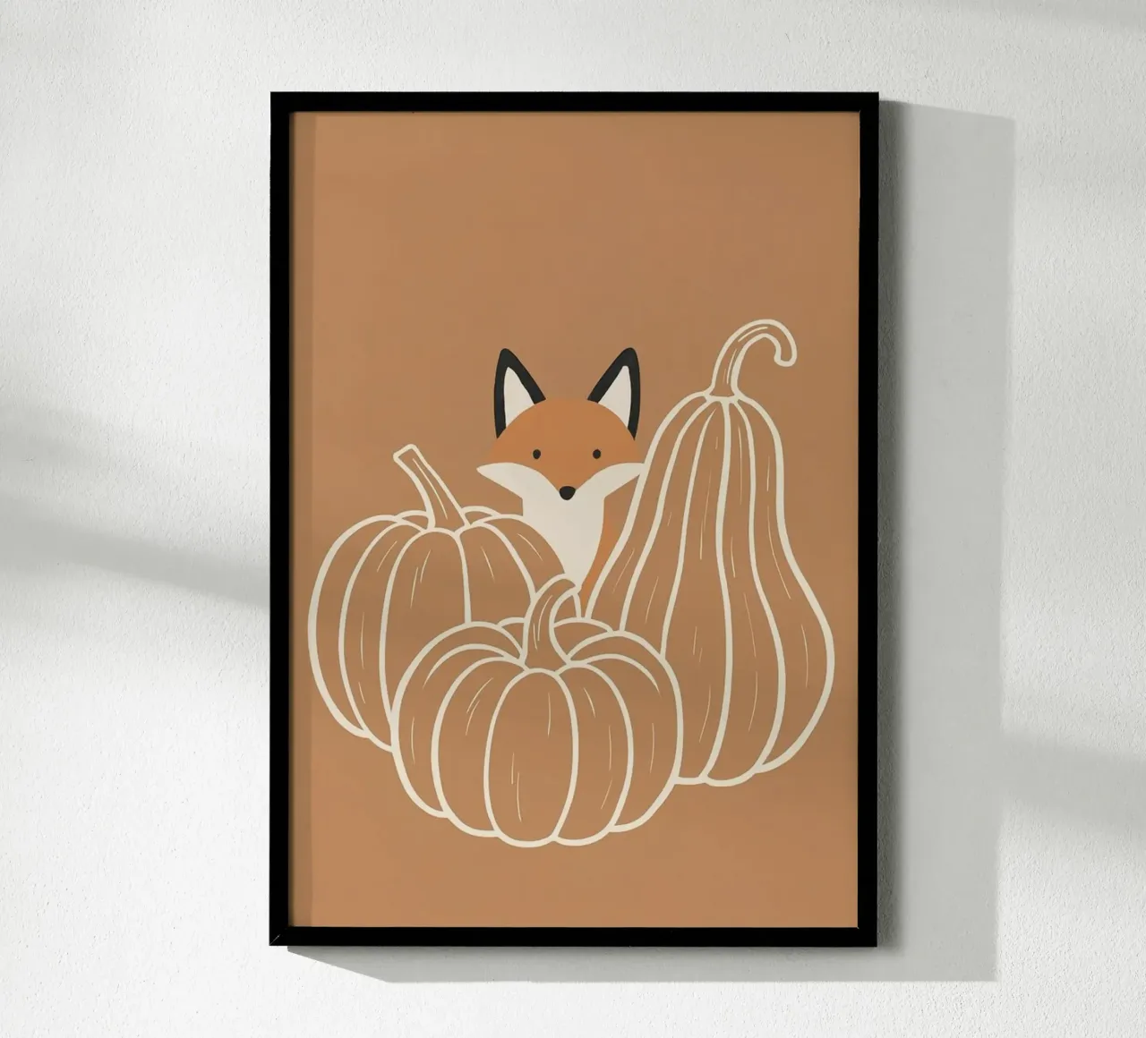 Niedlicher Fuchs und Kürbisse Herbst Boho Wandkunst Poster mit Kunststoffrahmen von vintagepod