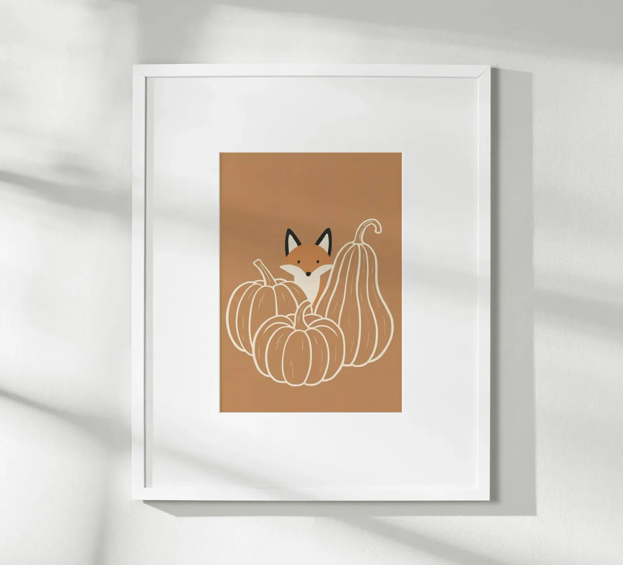 Niedlicher Fuchs und Kürbisse Herbst Boho Wandkunst Poster mit Kunststoffrahmen von vintagepod