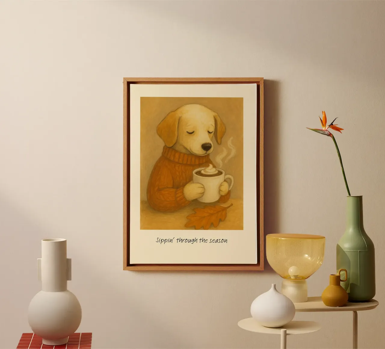 Sippin' door het seizoen Hond & Koffie Print canvas met Baklijst van vintagepod