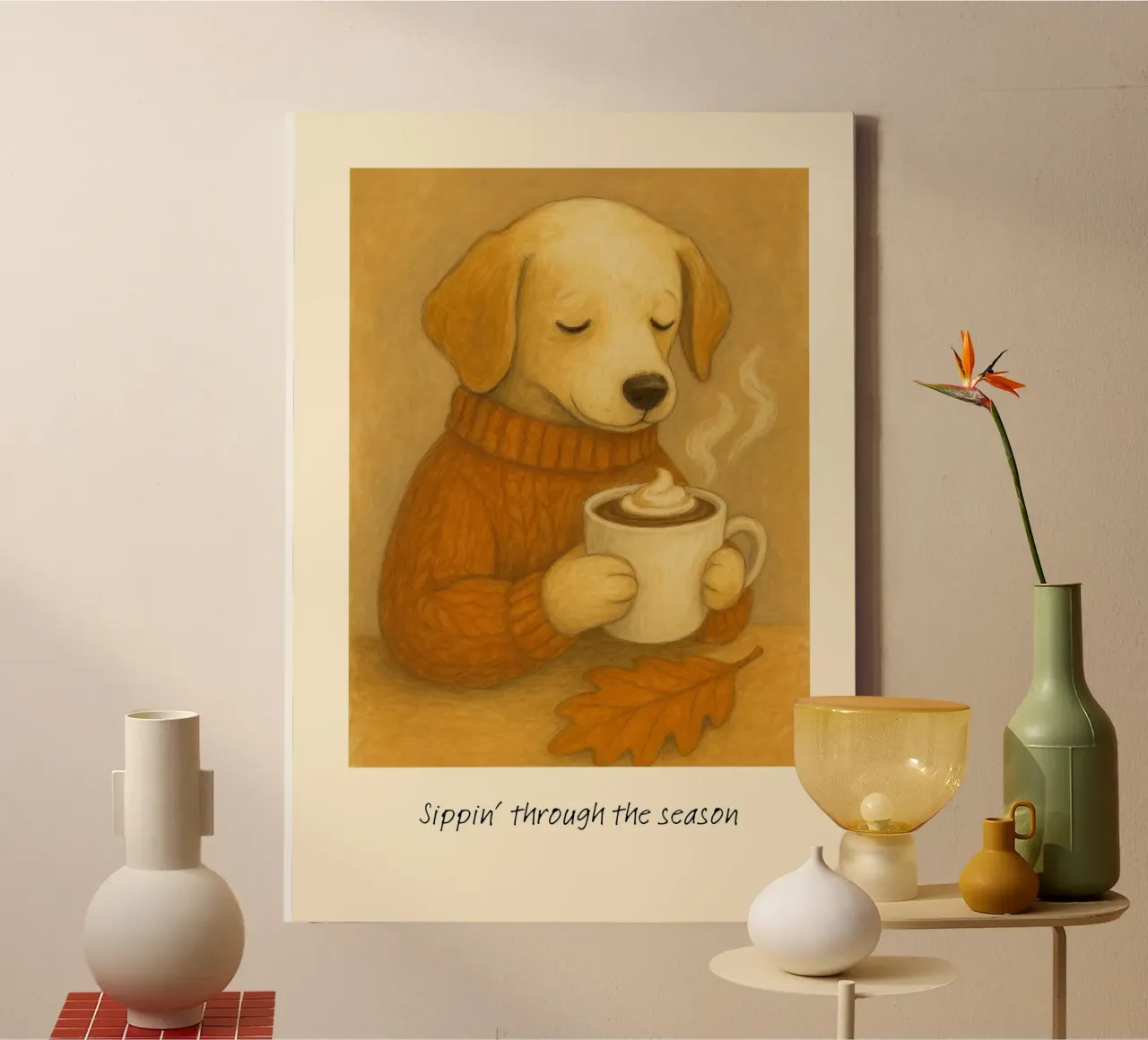 Sippin' door het seizoen Hond & Koffie Print canvas met Baklijst van vintagepod