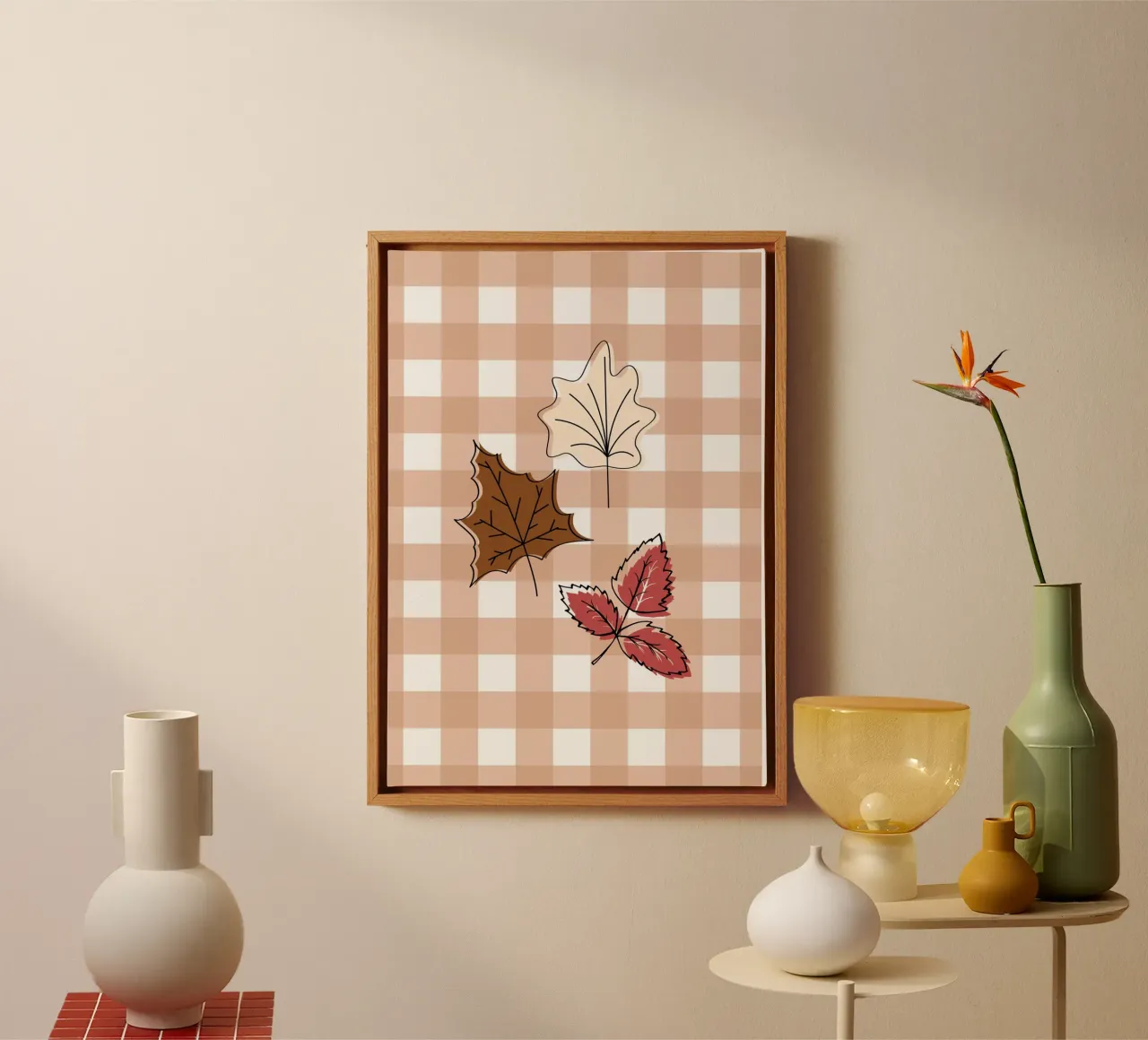 Poster decorativo autunnale Foglie d'autunno Plaid Gingham tela con Cornice a cassetta da vintagepod
