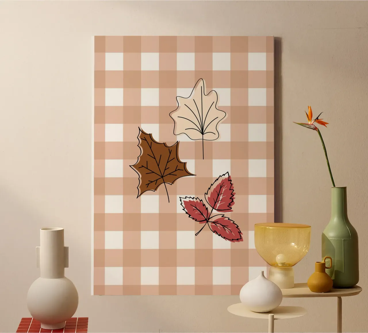 Poster decorativo autunnale Foglie d'autunno Plaid Gingham tela con Cornice a cassetta da vintagepod