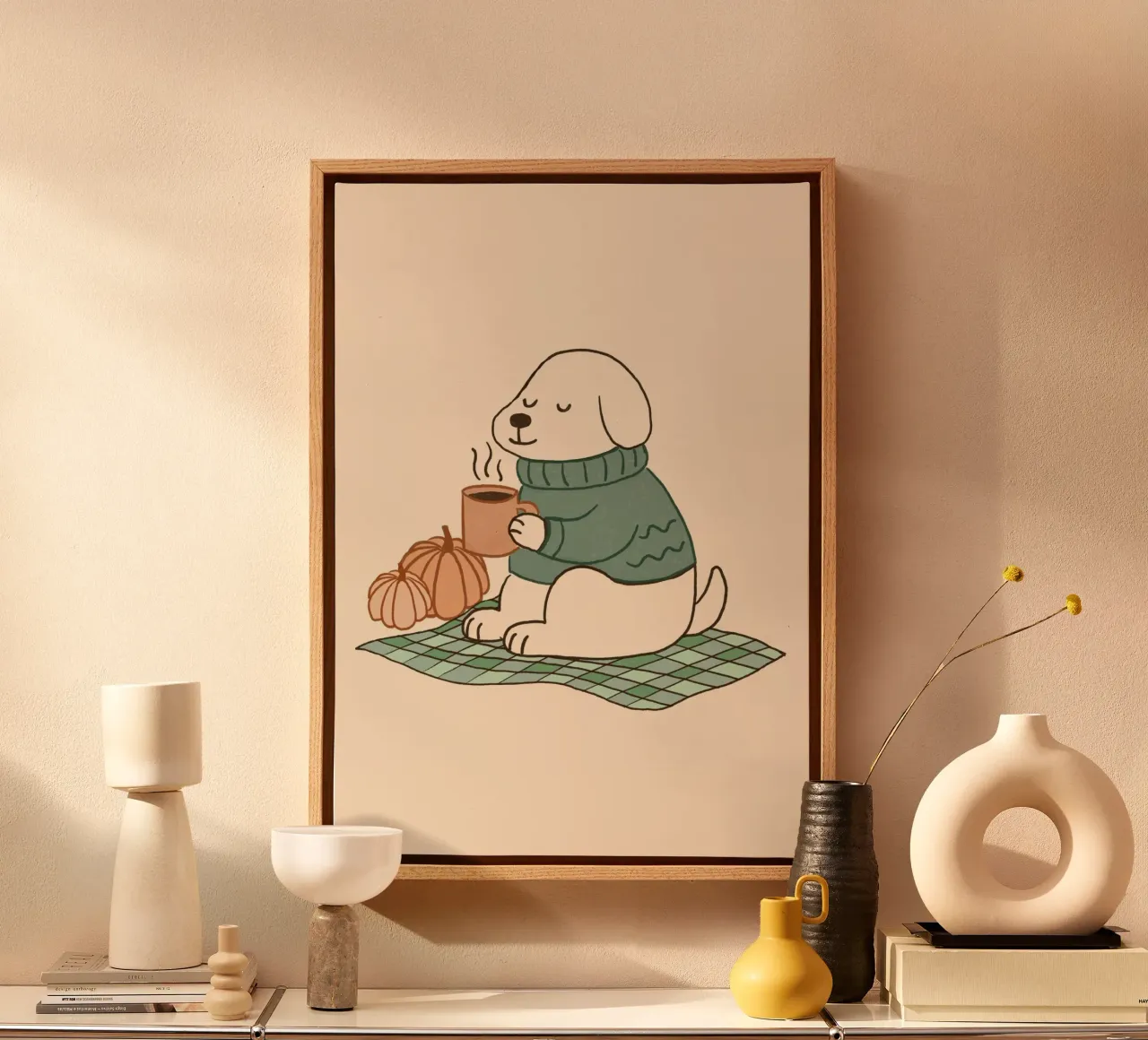 Gezellige hond en pompoenen herfst esthetische muur kunst canvas met Baklijst van vintagepod