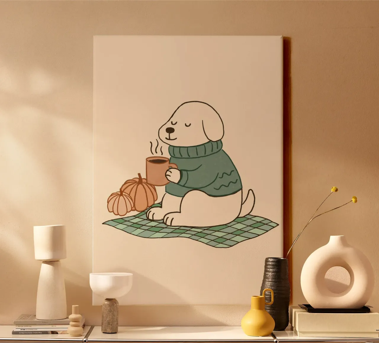 Gezellige hond en pompoenen herfst esthetische muur kunst canvas met Baklijst van vintagepod