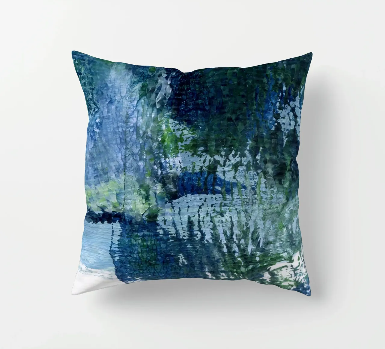 Surfaces 4 | Abstract in Indigo, Pale Blue, Green and White cuscino da sabidussi