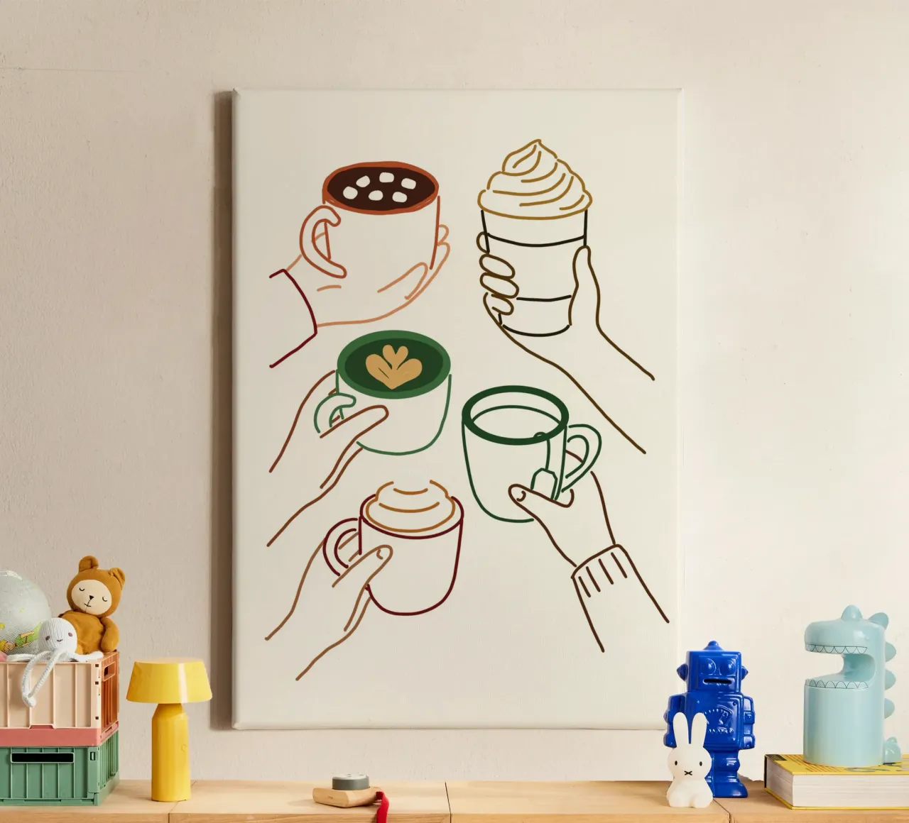 Poster Line Art Mani che tengono un drink accogliente tela con Cornice a cassetta da vintagepod