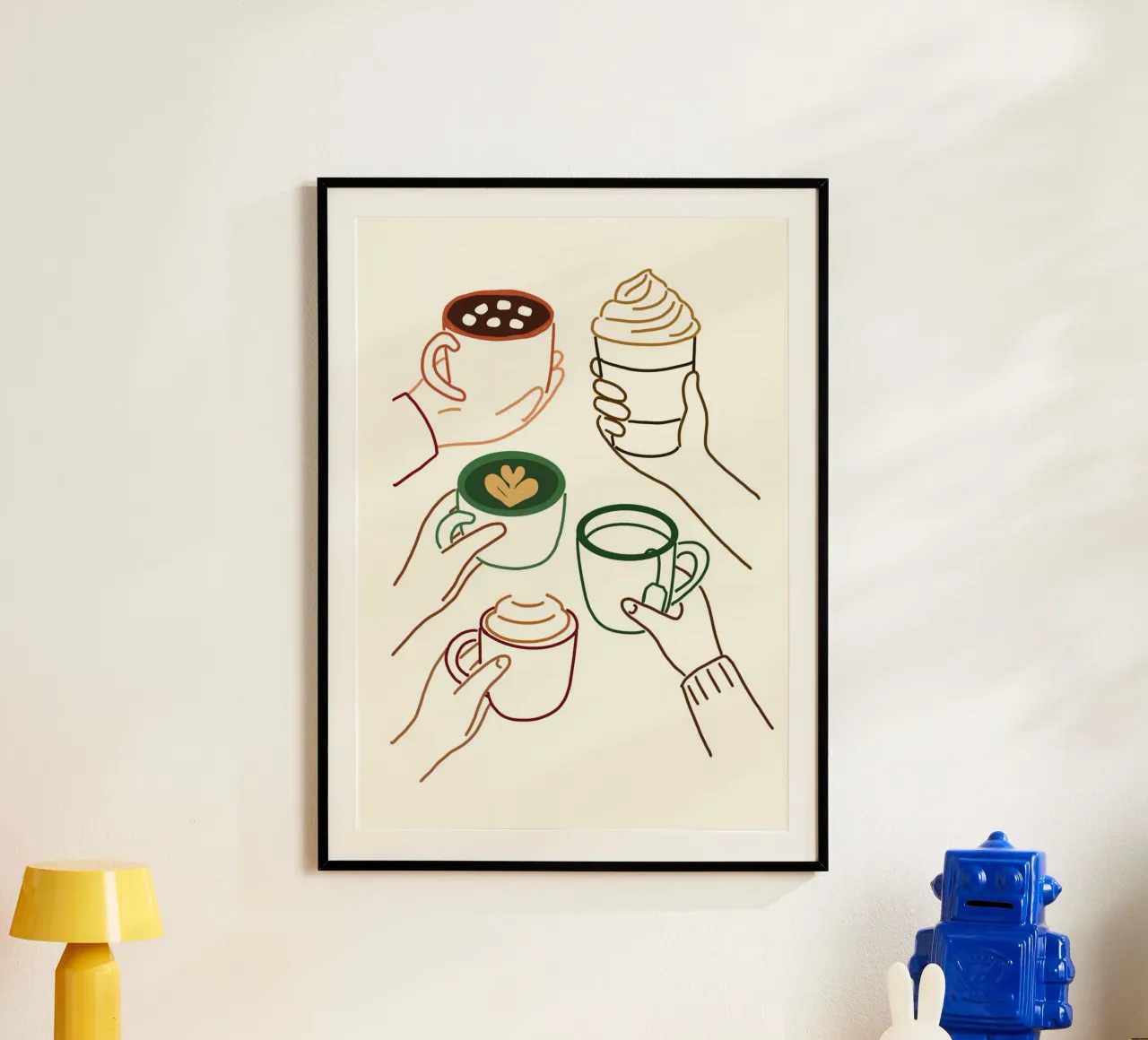 Poster Line Art Mani che tengono un drink accogliente poster con telaio in alluminio da vintagepod