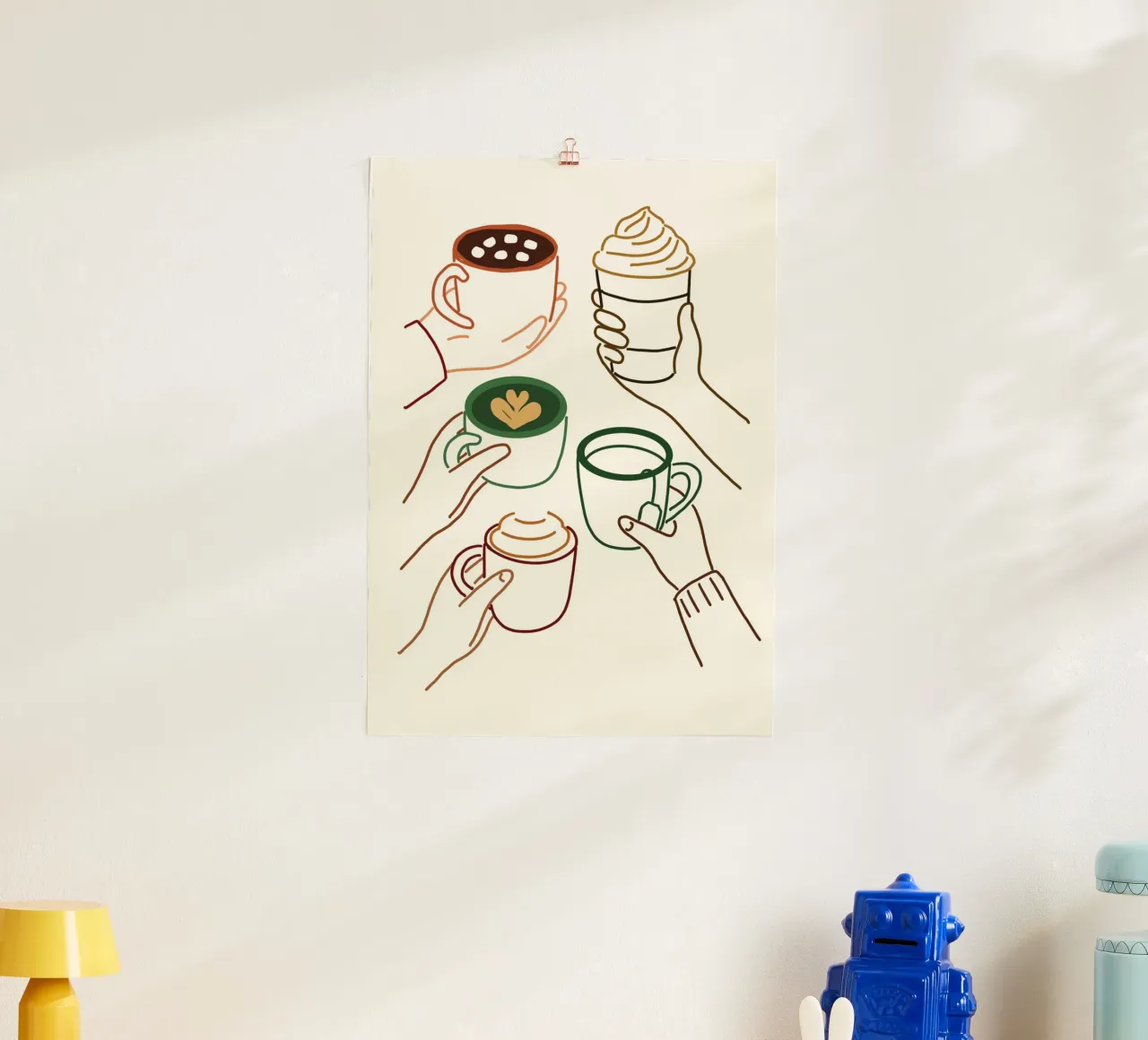 Poster Line Art Mani che tengono un drink accogliente poster con telaio in alluminio da vintagepod