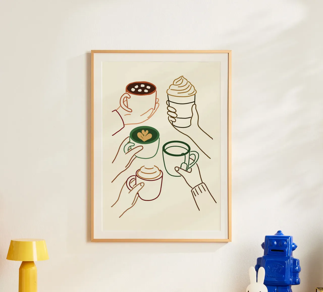 Poster Line Art Mani che tengono un drink accogliente poster con telaio in alluminio da vintagepod
