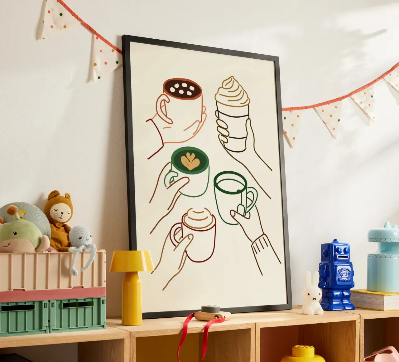 Poster Line Art Mani che tengono un drink accogliente poster con telaio in alluminio da vintagepod