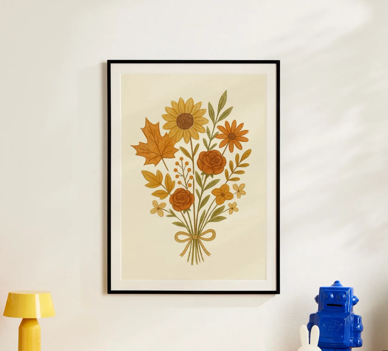 Bouquet floreale autunnale Foglie d'autunno Girasole Stampa d'arte poster con telaio in legno da vintagepod
