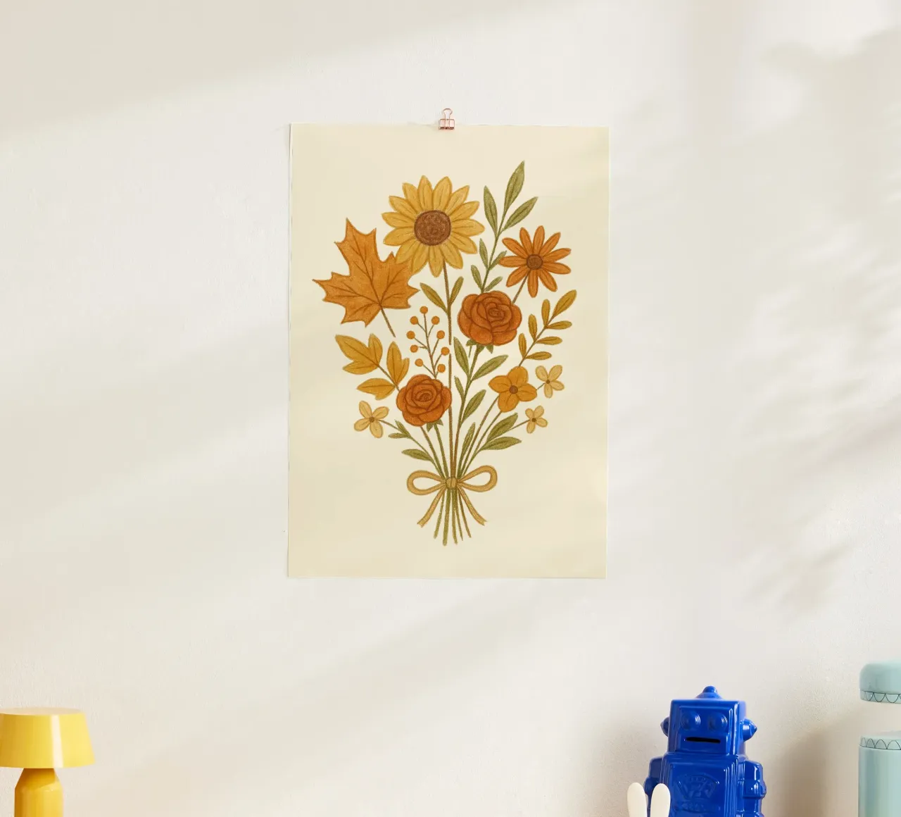 Bouquet floreale autunnale Foglie d'autunno Girasole Stampa d'arte poster con telaio in legno da vintagepod