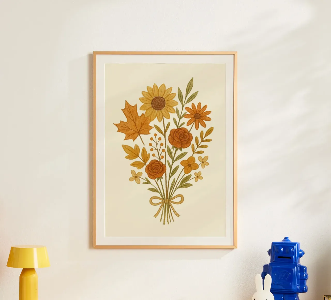 Bouquet floreale autunnale Foglie d'autunno Girasole Stampa d'arte poster con telaio in legno da vintagepod