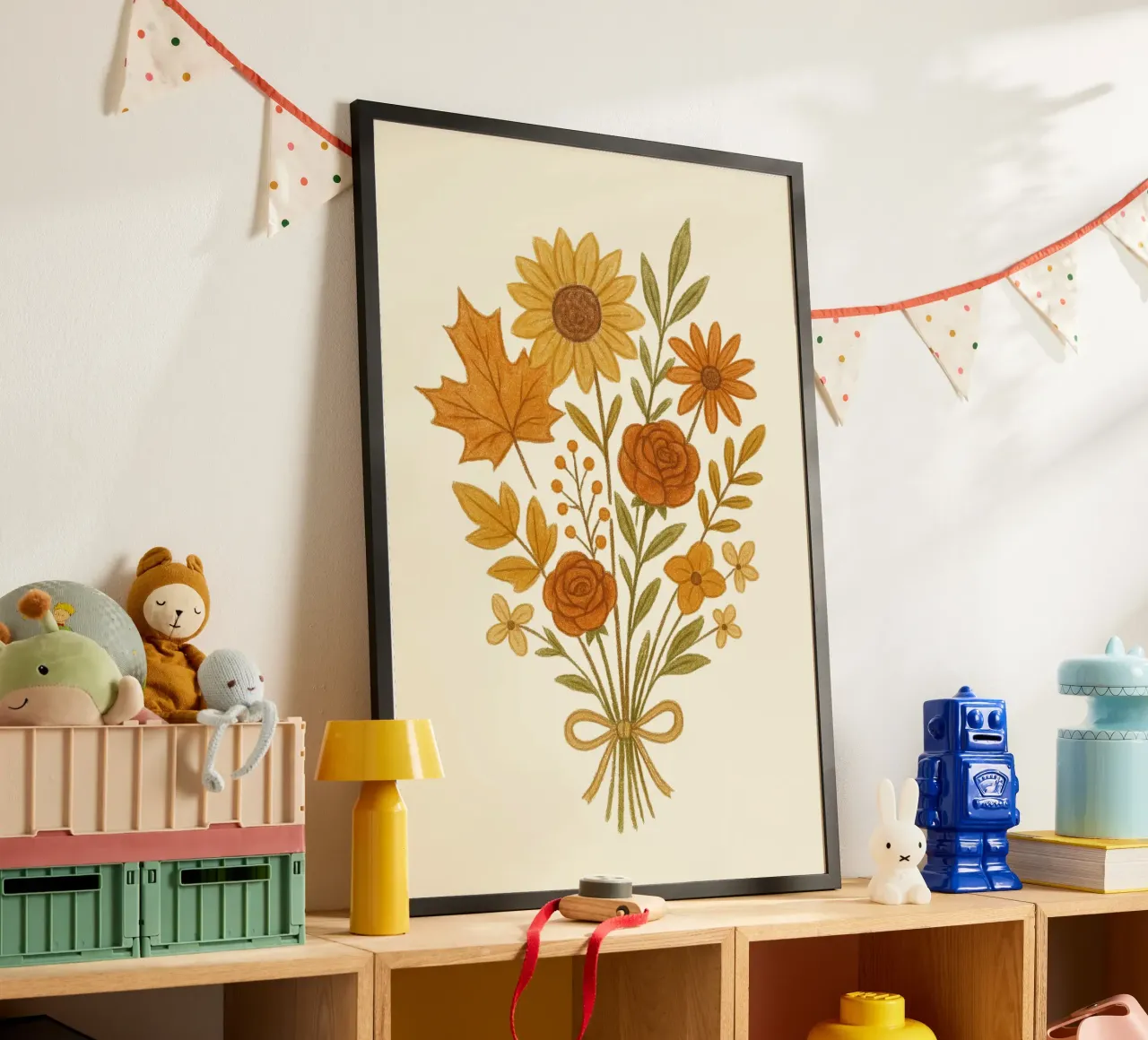 Bouquet floreale autunnale Foglie d'autunno Girasole Stampa d'arte poster con telaio in legno da vintagepod