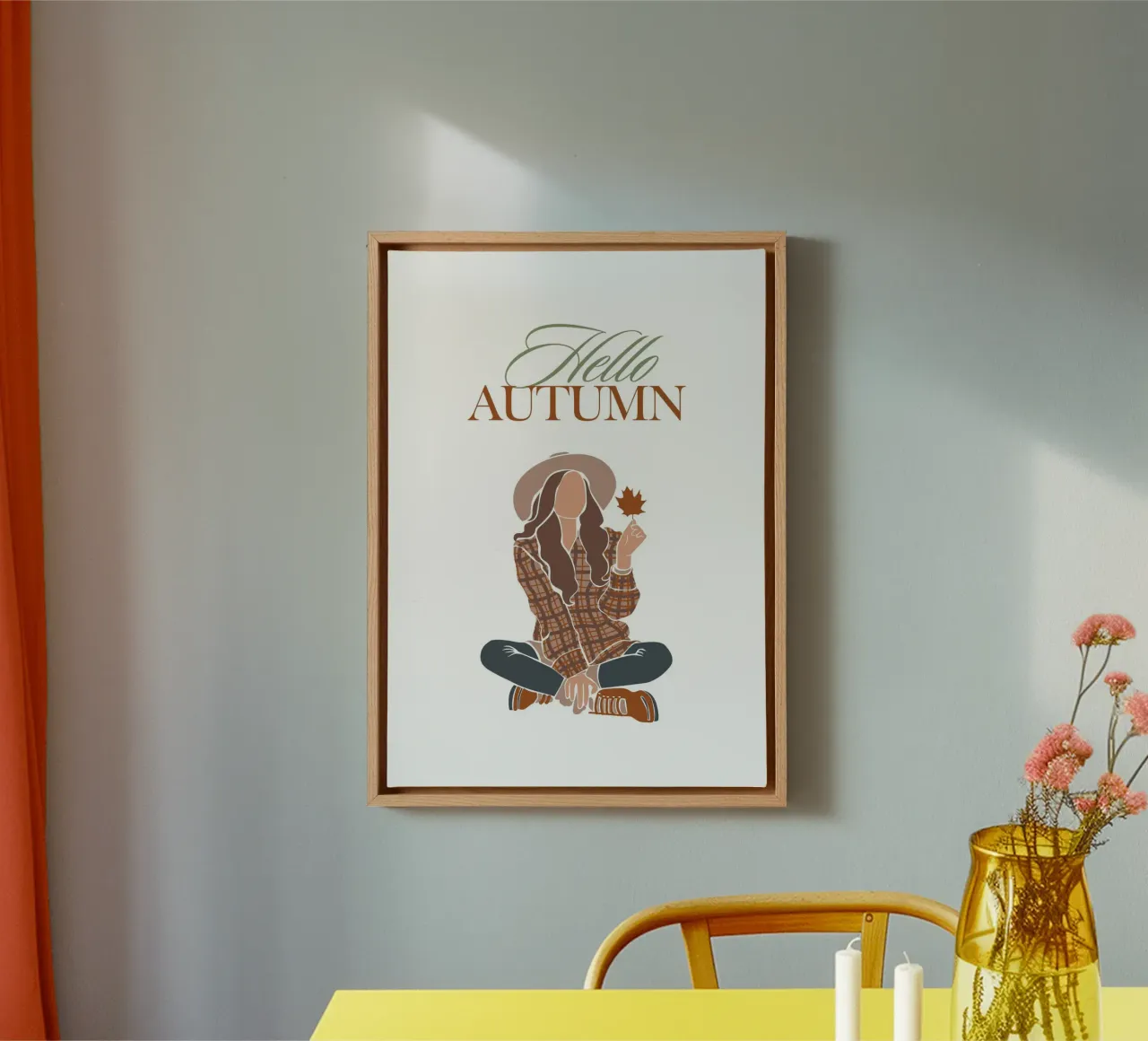 Hello Autumn Boho Girl Estampado de cuadros otoñales lienzo con Marco flotante de vintagepod