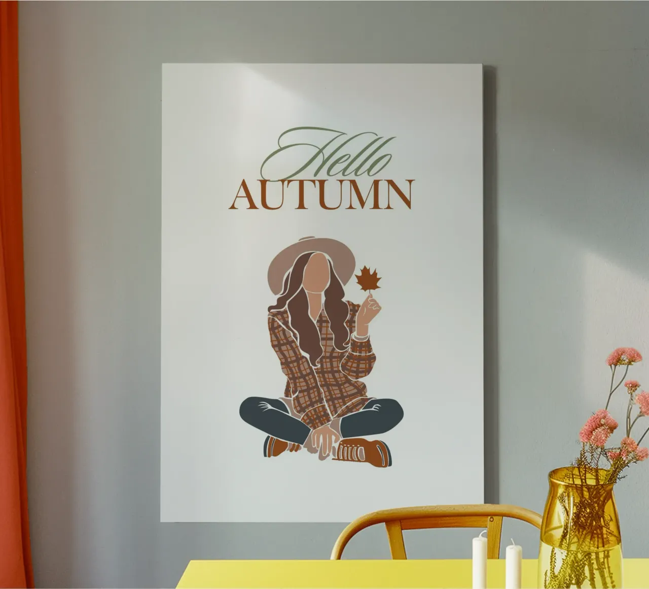 Hello Autumn Boho Girl Estampado de cuadros otoñales lienzo con Marco flotante de vintagepod
