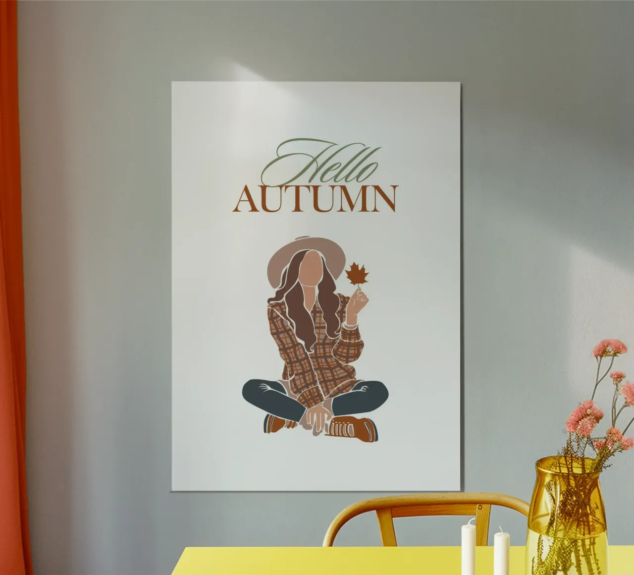 Ciao Autunno Boho Girl Autunno Stampa Plaid poster con telaio in alluminio da vintagepod