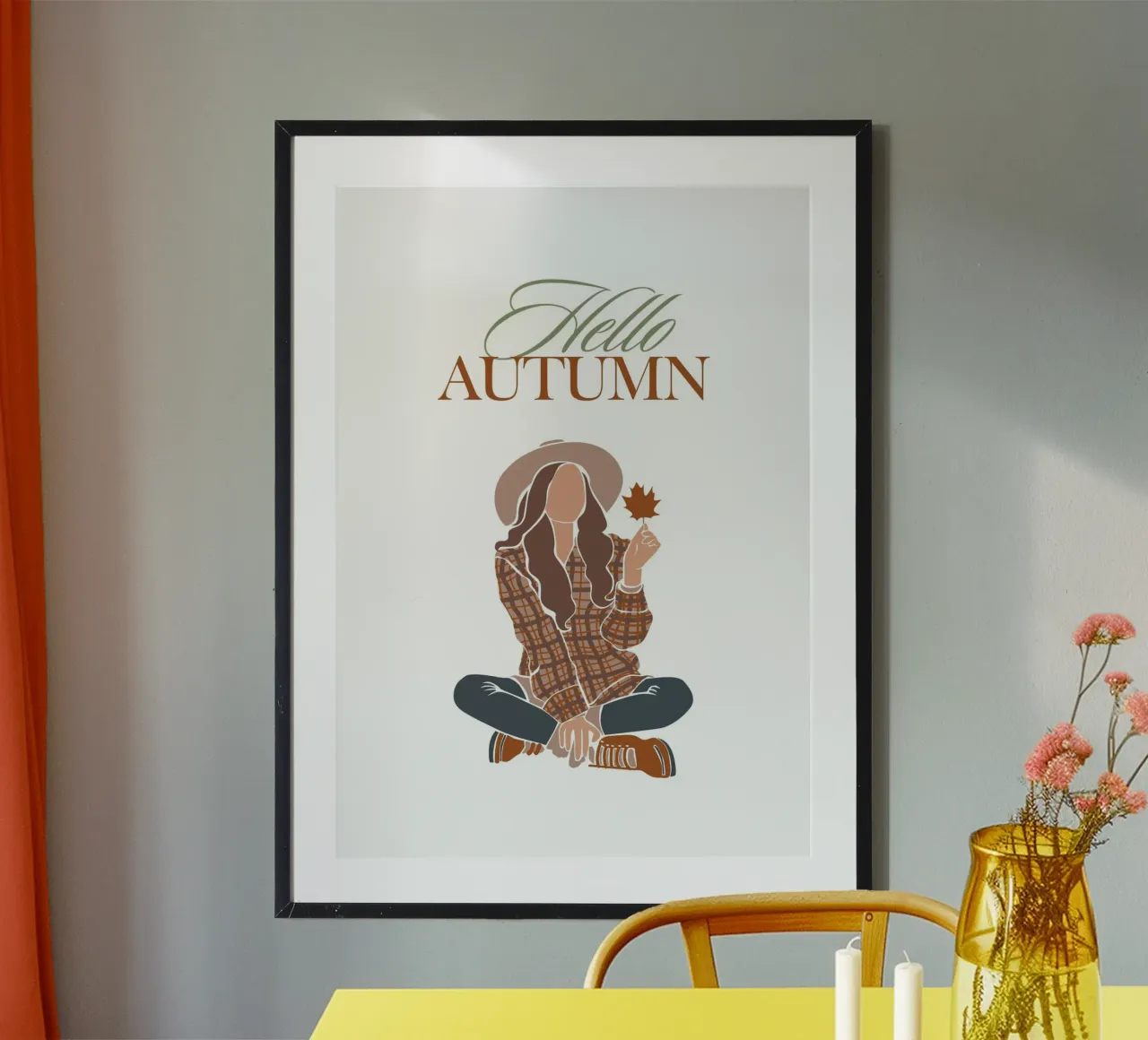 Ciao Autunno Boho Girl Autunno Stampa Plaid poster con telaio in alluminio da vintagepod