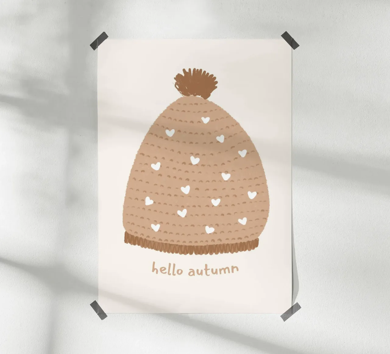 Hello Autumn Beanie lavorato a maglia con stampa di cuori poster da vintagepod