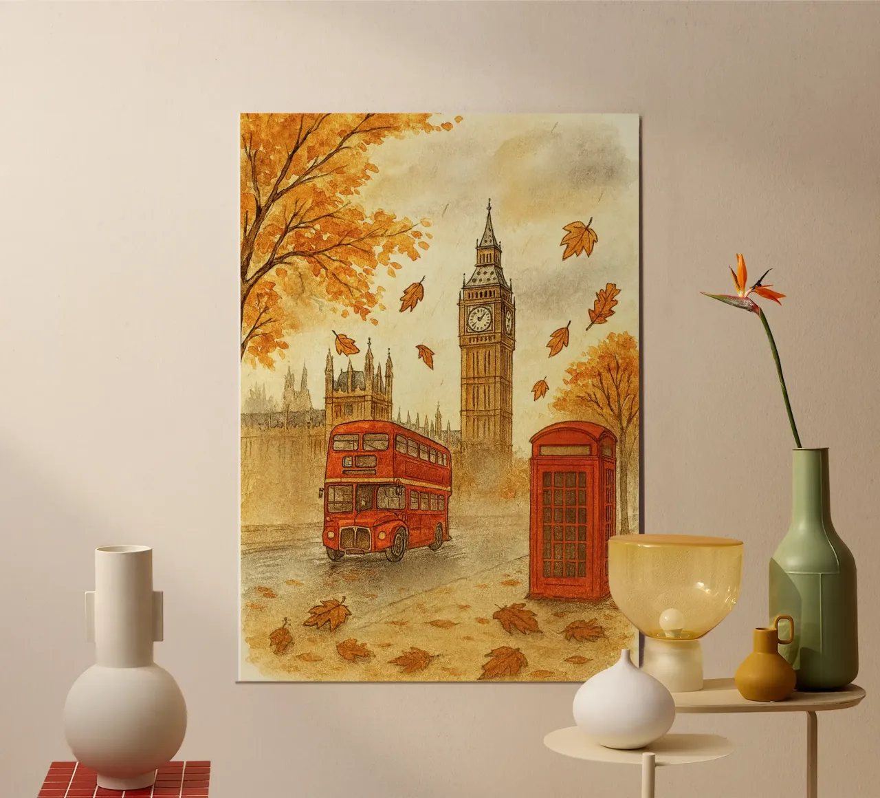 Londra Autunno Big Ben Autobus a due piani Stampa poster con telaio in plastica da vintagepod