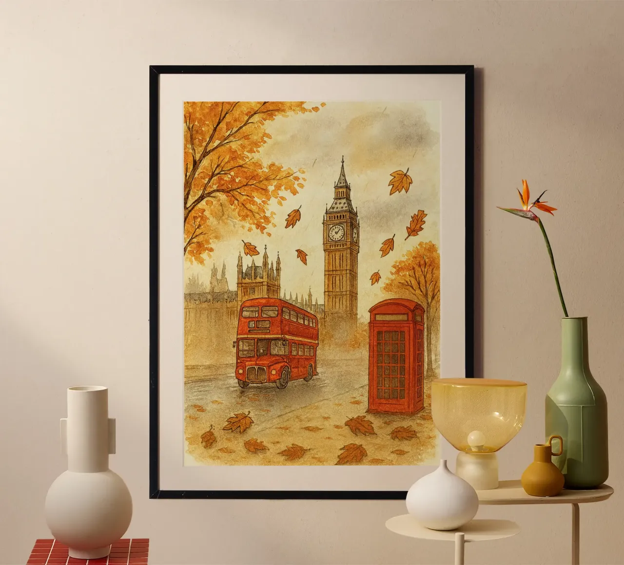 Londra Autunno Big Ben Autobus a due piani Stampa poster con telaio in plastica da vintagepod