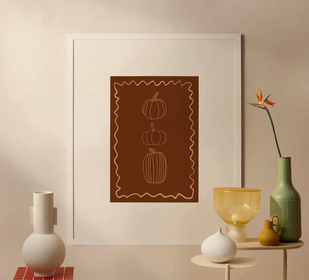 Zucche minimaliste Marrone Estetica Autunno Stampa poster con telaio in alluminio da vintagepod