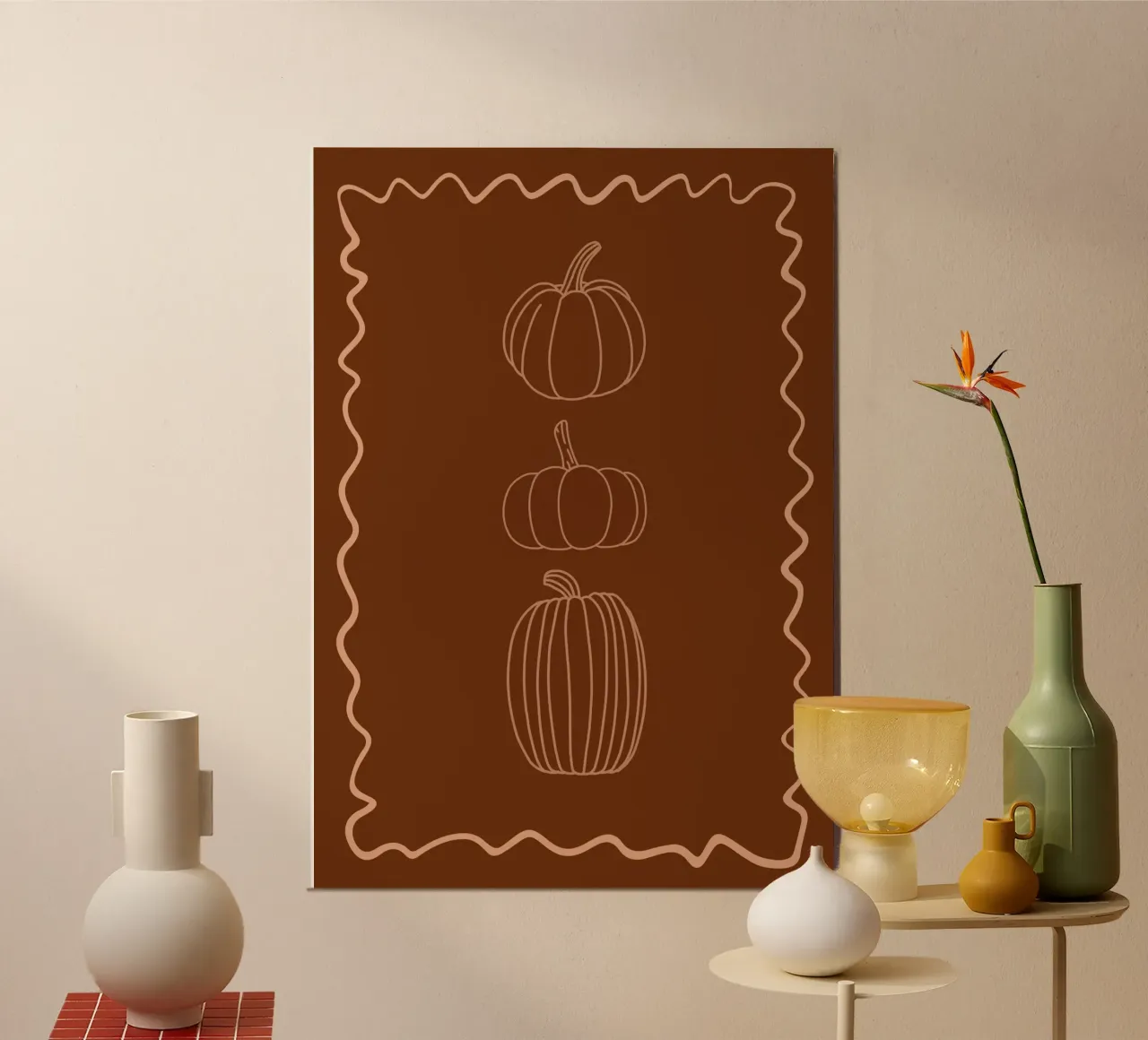 Zucche minimaliste Marrone Estetica Autunno Stampa poster con telaio in alluminio da vintagepod