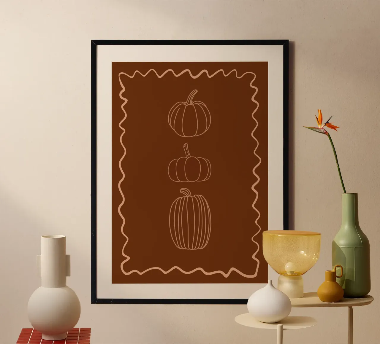 Zucche minimaliste Marrone Estetica Autunno Stampa poster con telaio in alluminio da vintagepod
