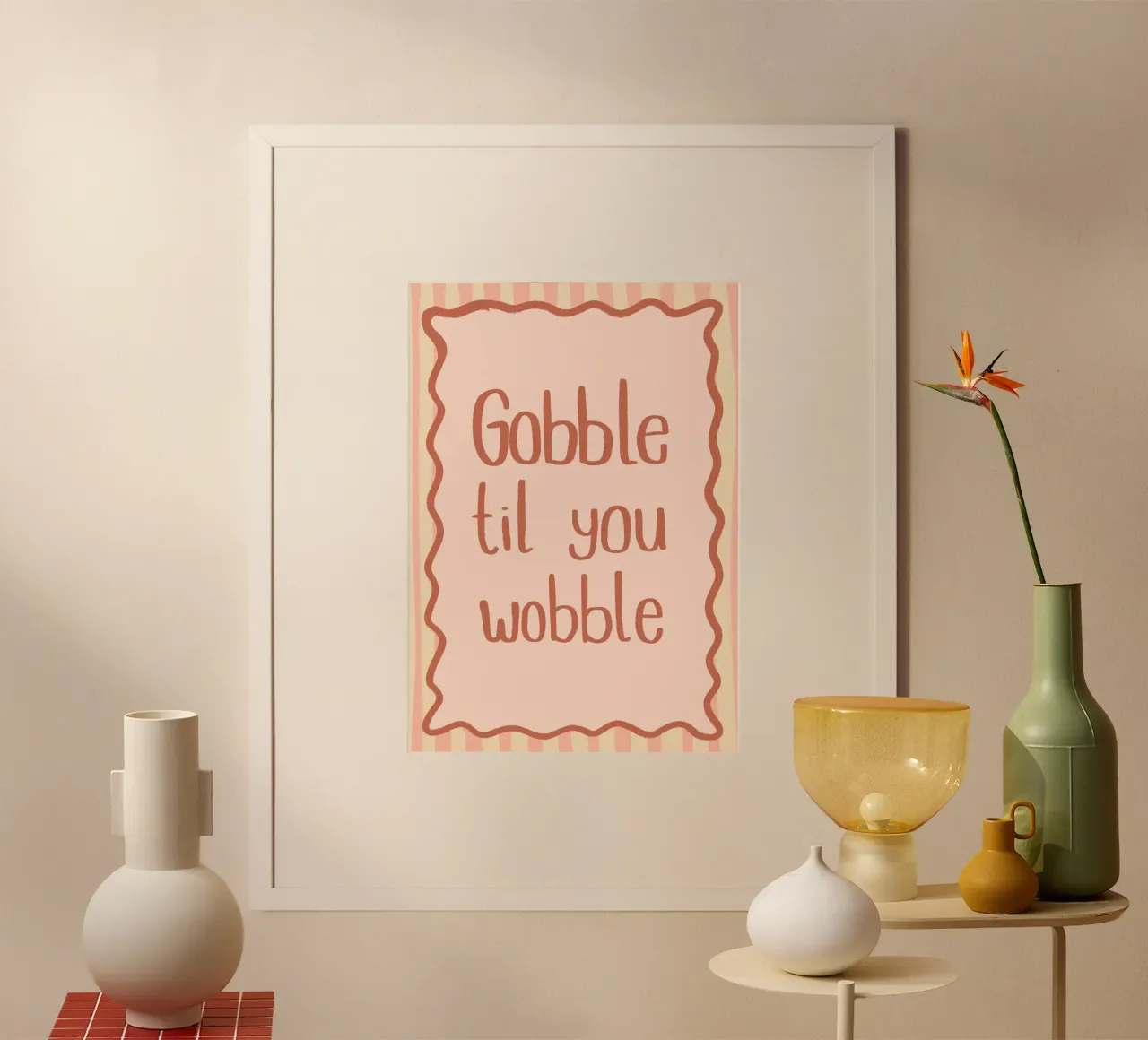 Gobble Til You Wobble Stampa divertente sul Ringraziamento poster con telaio in legno da vintagepod