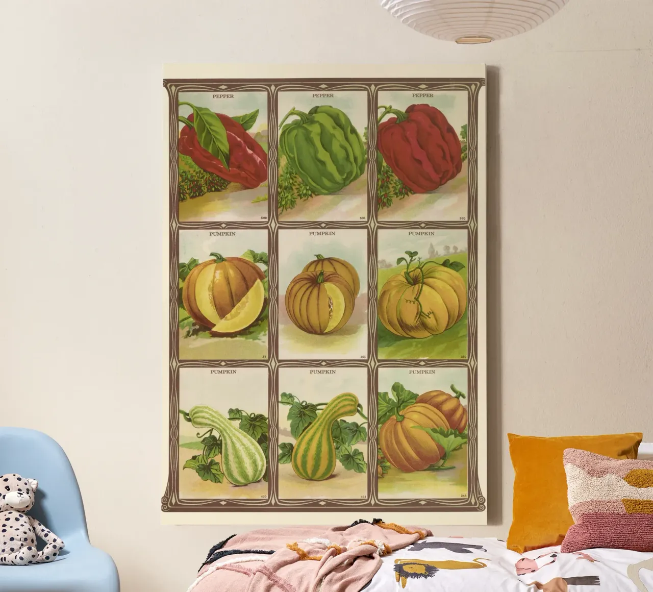 Catalogo di semi botanici vintage di pepe e zucca tela con Cornice a cassetta da vintagepod