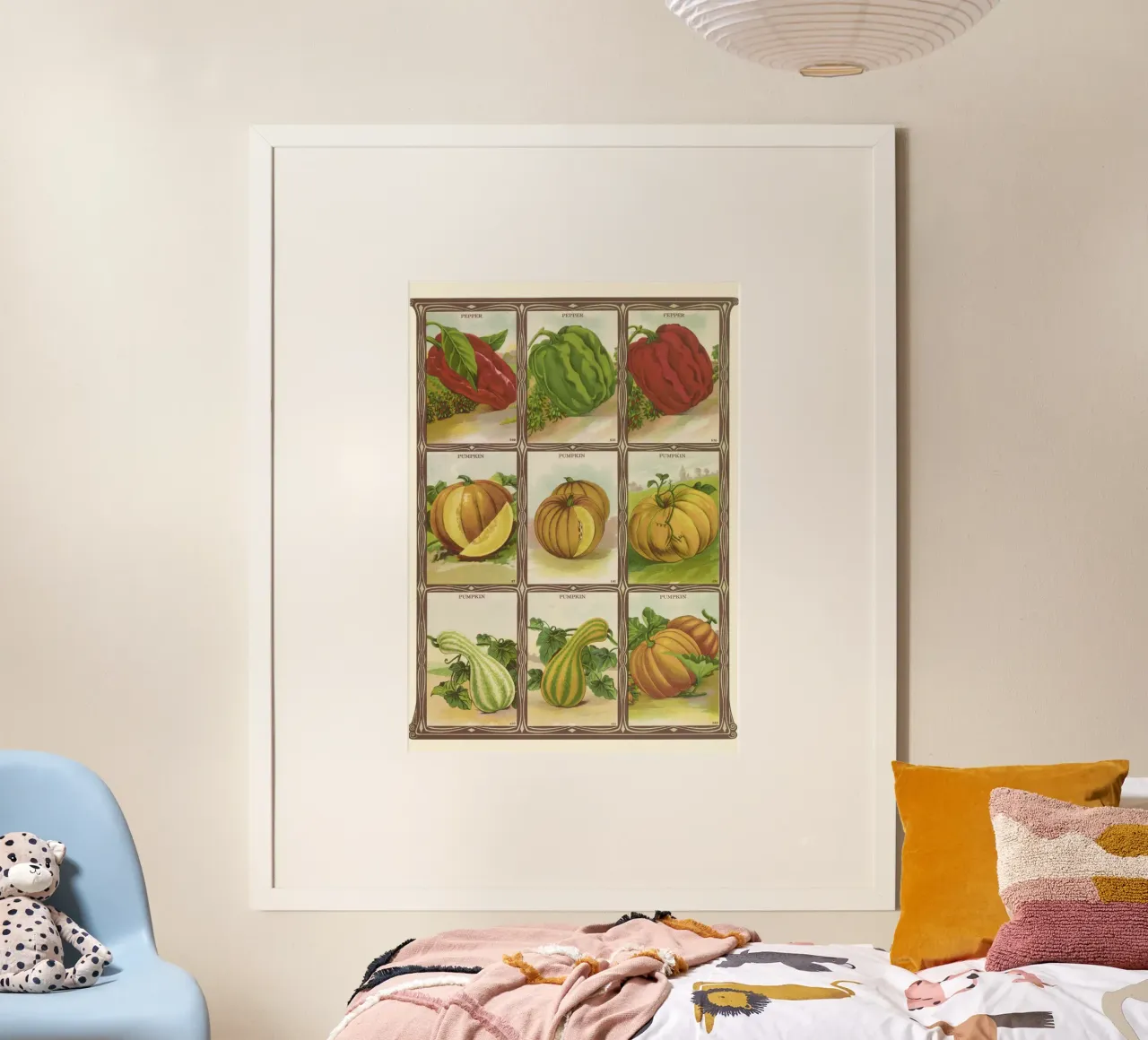 Catalogo di semi botanici vintage di pepe e zucca poster con telaio in legno da vintagepod