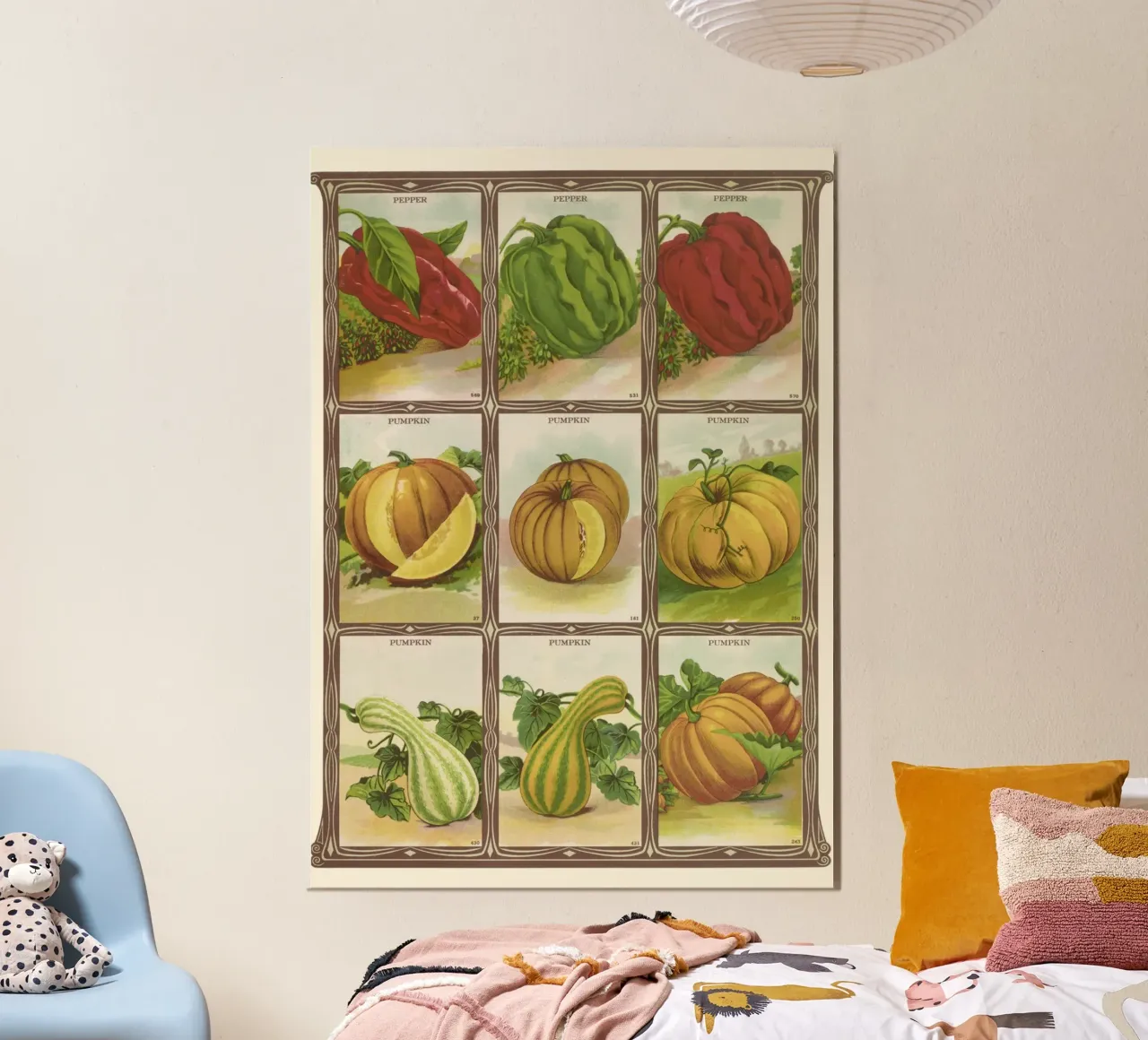 Catalogo di semi botanici vintage di pepe e zucca poster con telaio in legno da vintagepod