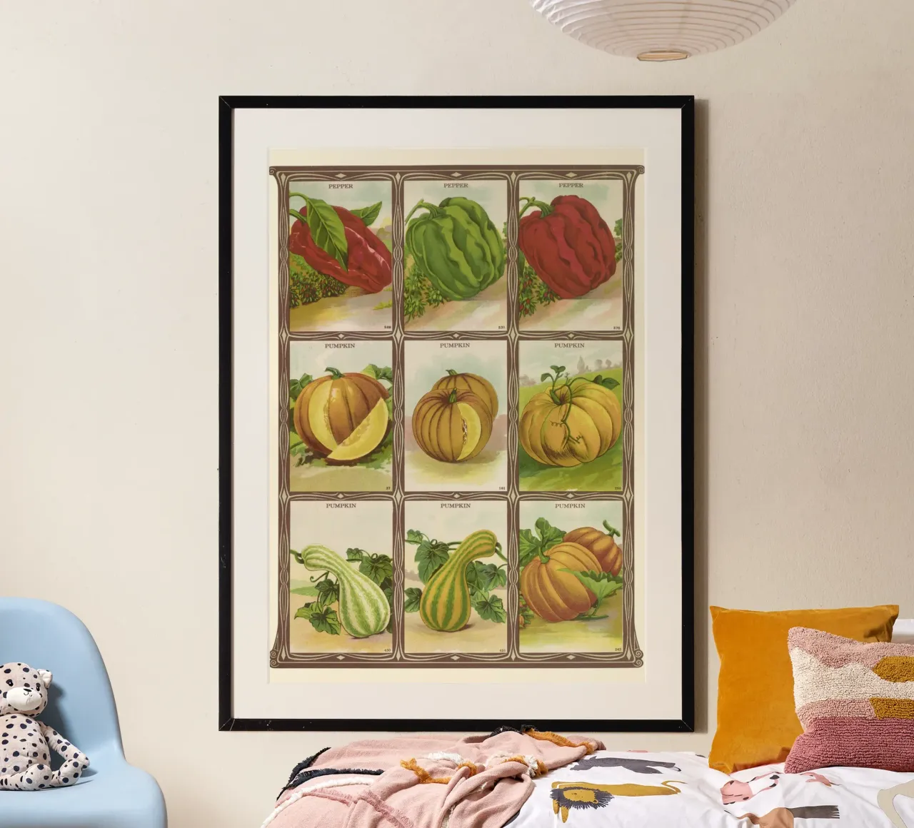 Catalogo di semi botanici vintage di pepe e zucca poster con telaio in legno da vintagepod