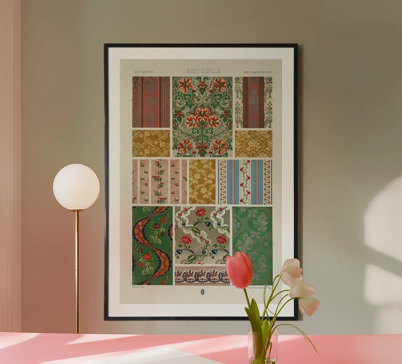 Cartamodello tessile francese d'epoca del XVIII secolo poster con telaio in alluminio da vintagepod