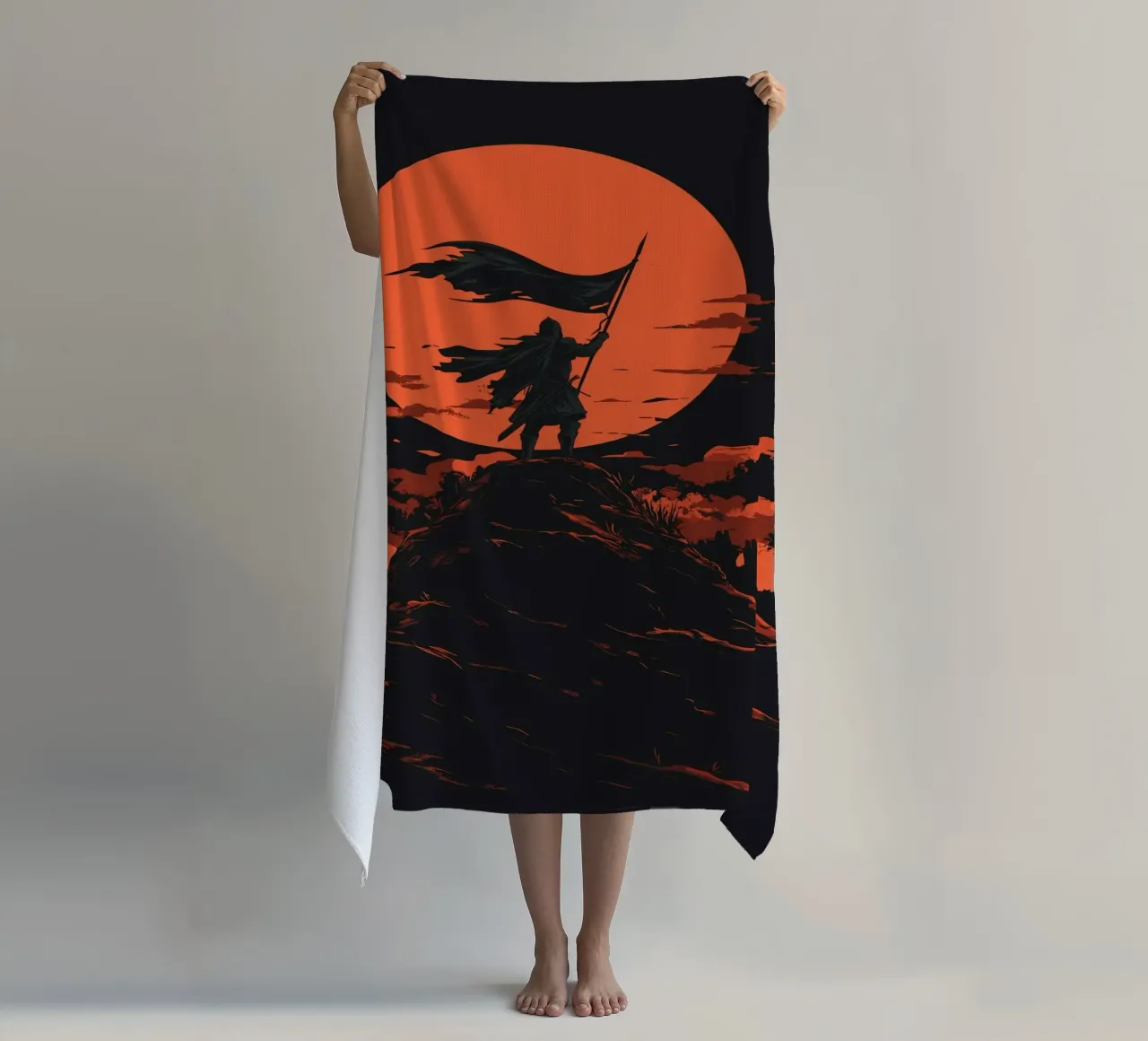 Guerrieri davanti a una luna rosso sangue telo mare da pixelbull - medieval art and more