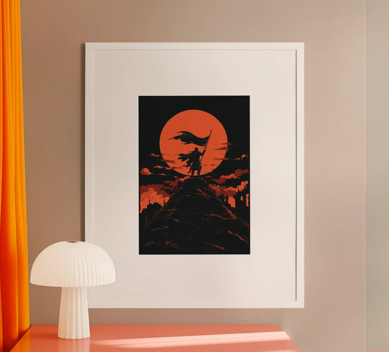 Guerrieri davanti a una luna rosso sangue poster con telaio in plastica da pixelbull - medieval art and more