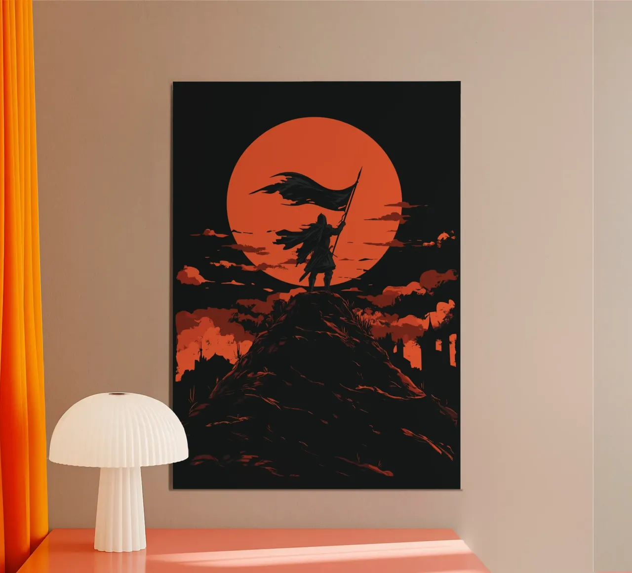 Guerrieri davanti a una luna rosso sangue poster con telaio in plastica da pixelbull - medieval art and more