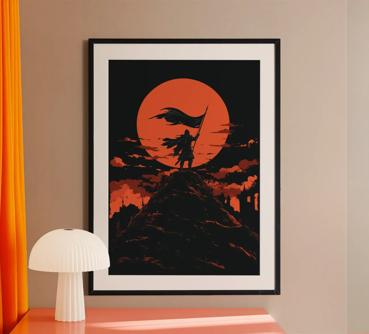 Guerrieri davanti a una luna rosso sangue poster con telaio in plastica da pixelbull - medieval art and more