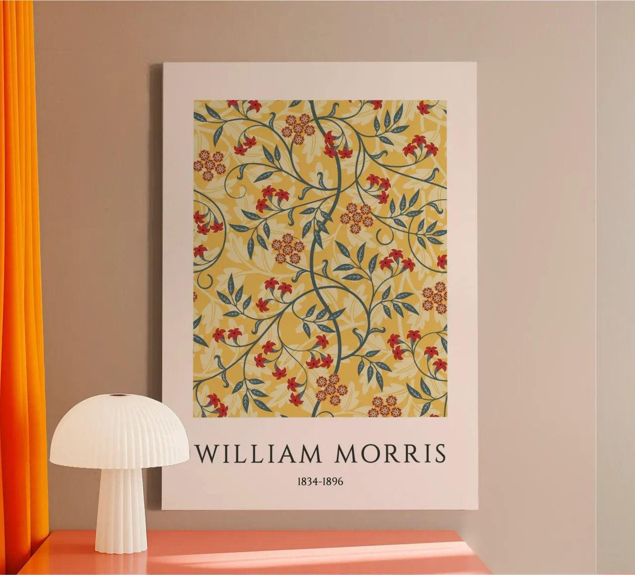 William Morris Rood Bloemen Victoriaans Behang Print canvas met Baklijst van vintagepod