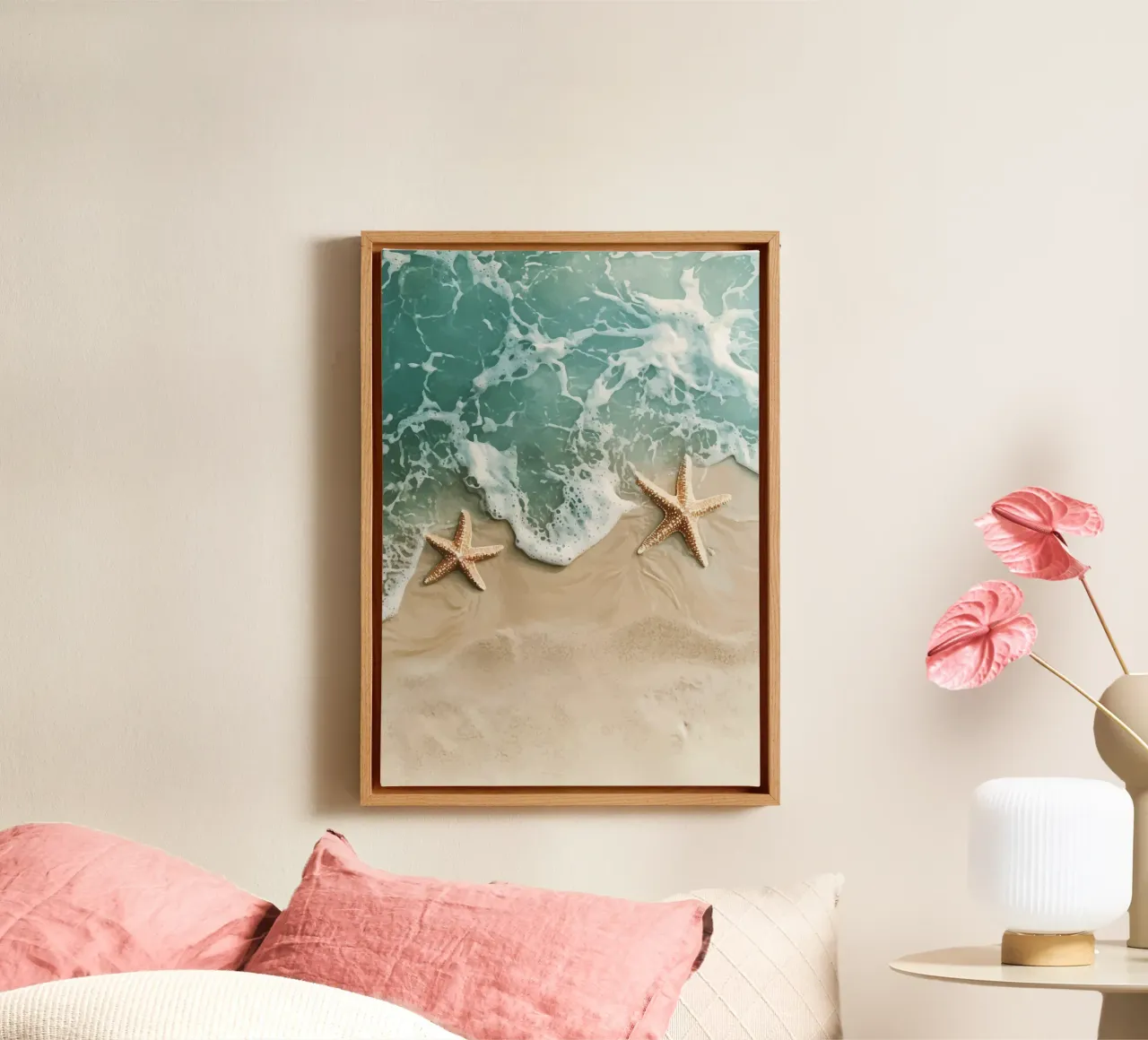 Two starfish on the seashore canvas with Floater frame by pixelbull - medieval art and more