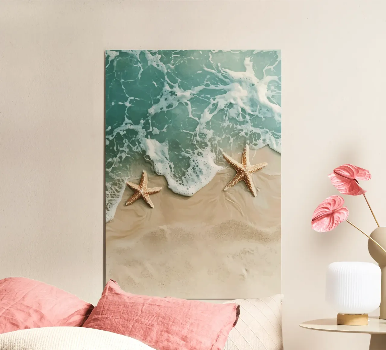 Due stelle marine in riva al mare poster con telaio in alluminio da pixelbull - medieval art and more